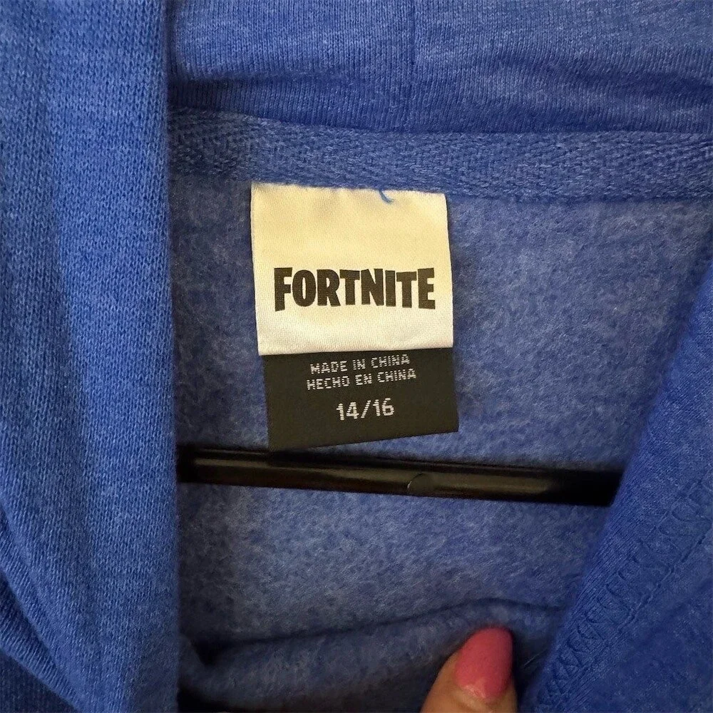 Fortnite Hoodie Boys Size 14/16 Blue Pullover Logo Graphic Kangaroo Pocket NWT